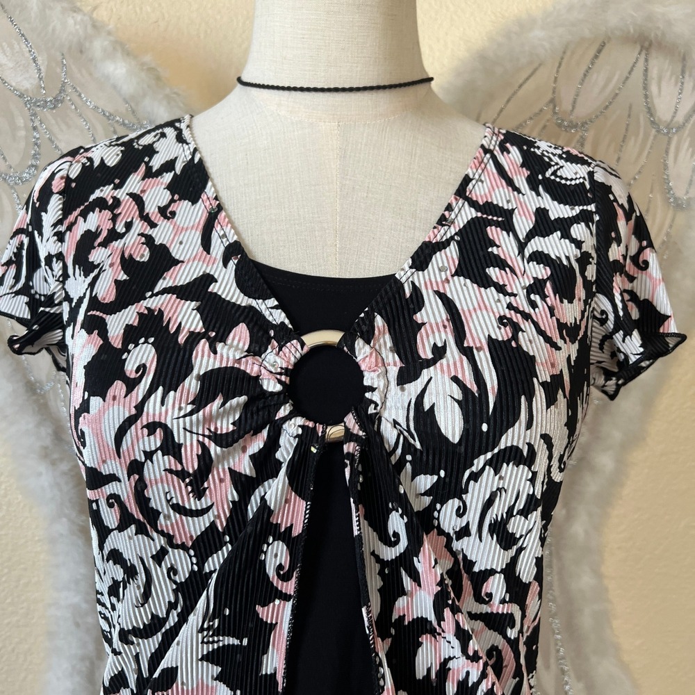 Y2K Coquette Twee Black Floral Top‎ D-ring Cap Sleeve Sleeve Black Pink Layered - Picture 7 of 7